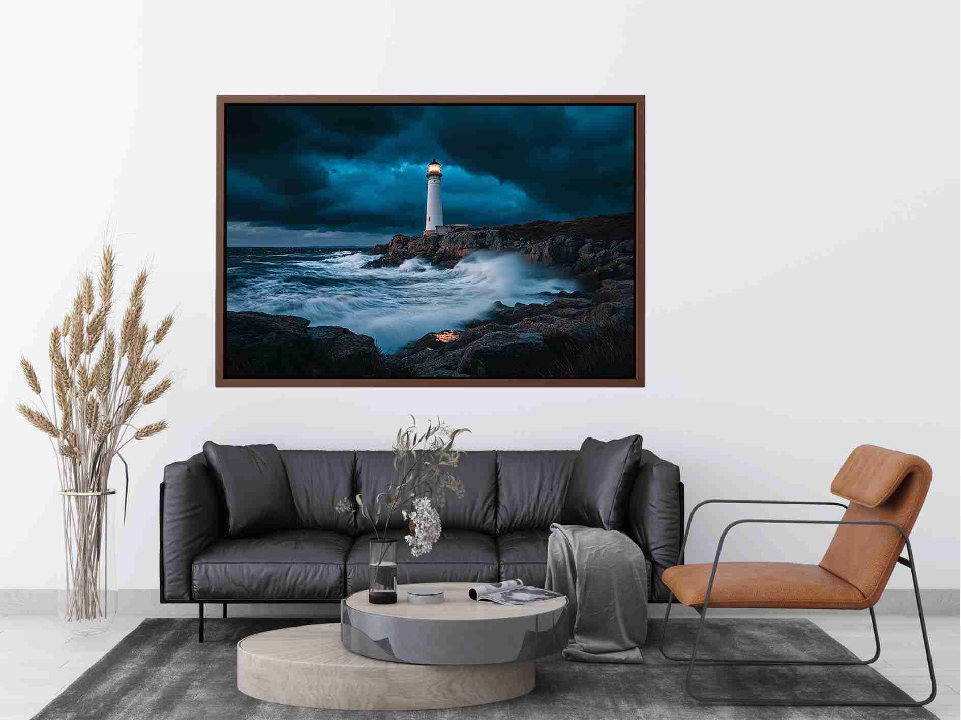 Stormy coastal lighthouse Canvas Print with ocean waves