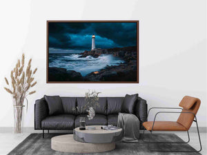 Stormy coastal lighthouse Canvas Print with ocean waves