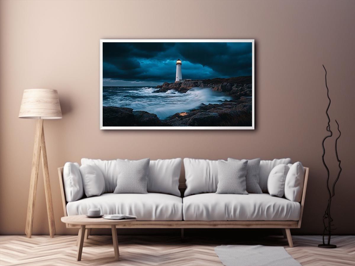 Stormy coastal lighthouse Canvas Print with ocean waves