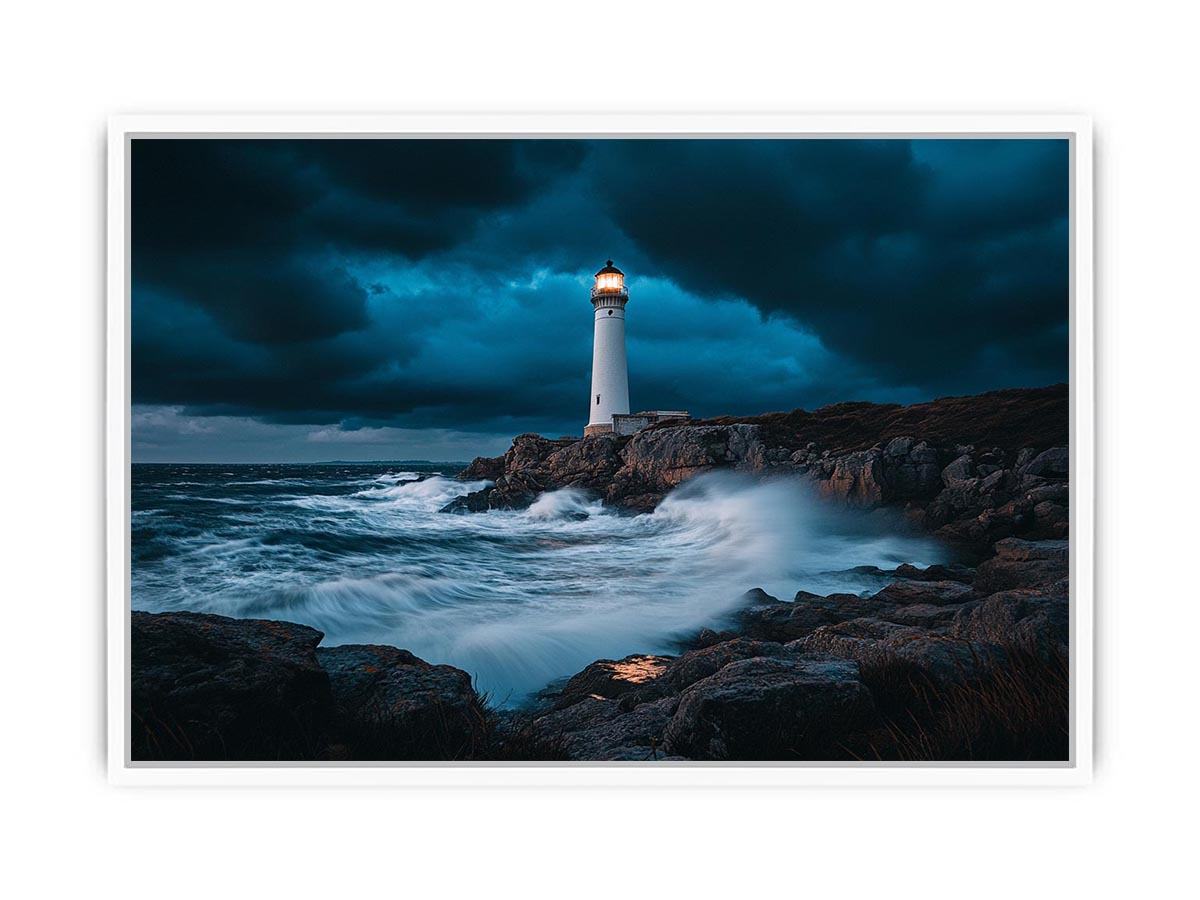 Stormy coastal lighthouse Canvas Print with ocean waves