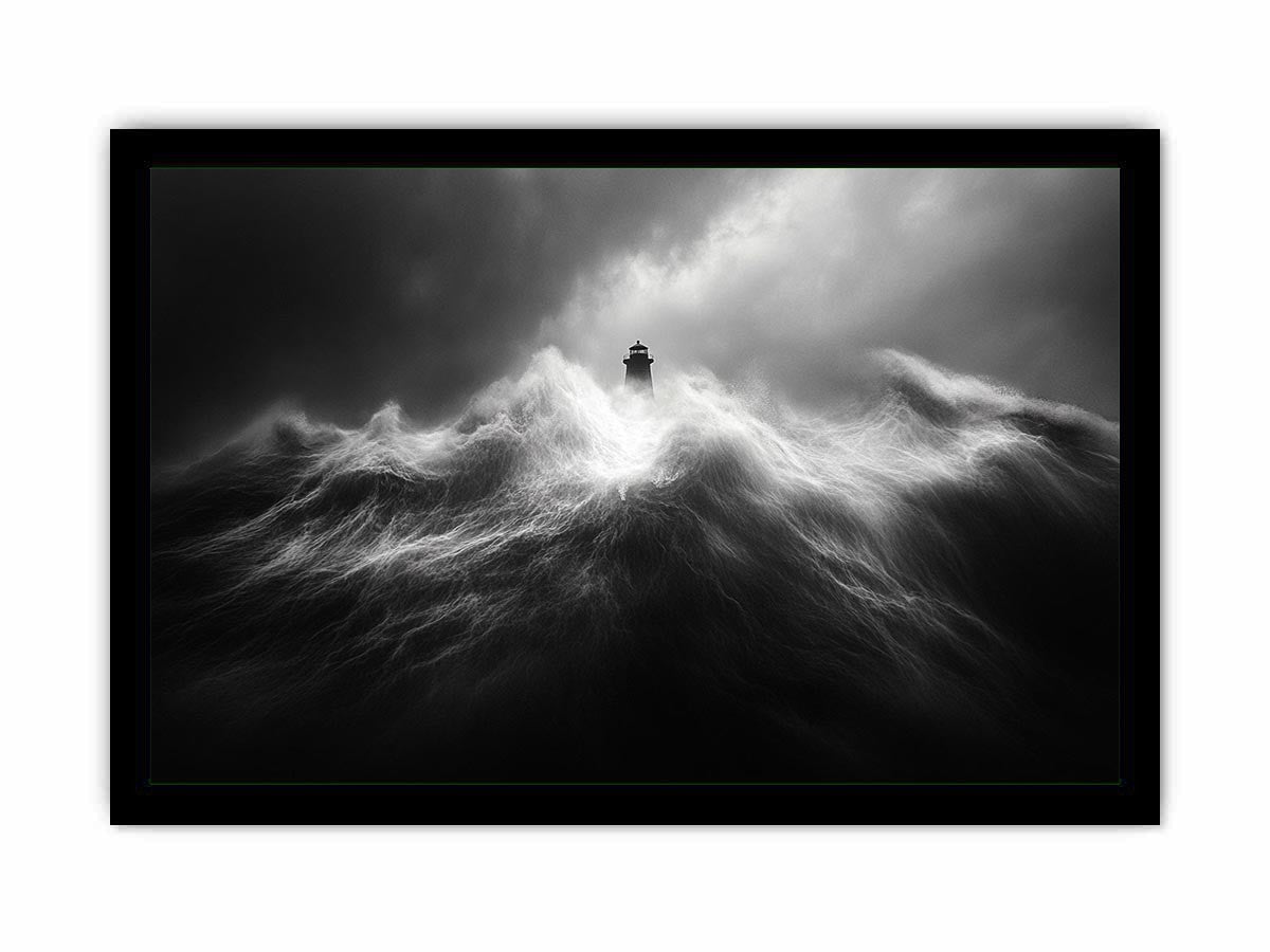 Black and white lighthouse Canvas Print with storm waves