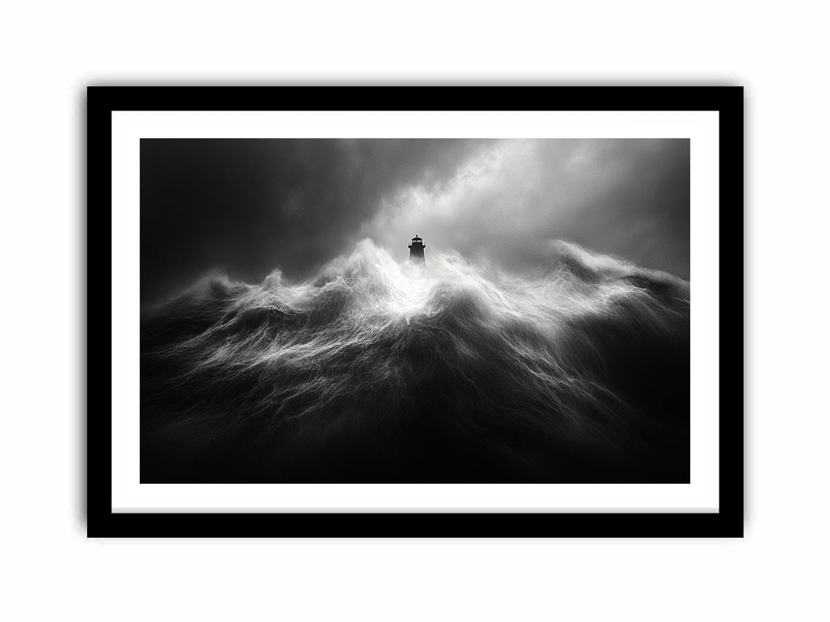 Black and white lighthouse Canvas Print with storm waves