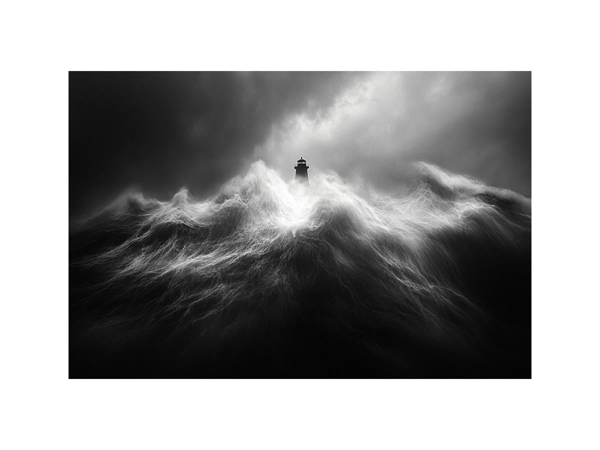 Black and white lighthouse Canvas Print with storm waves