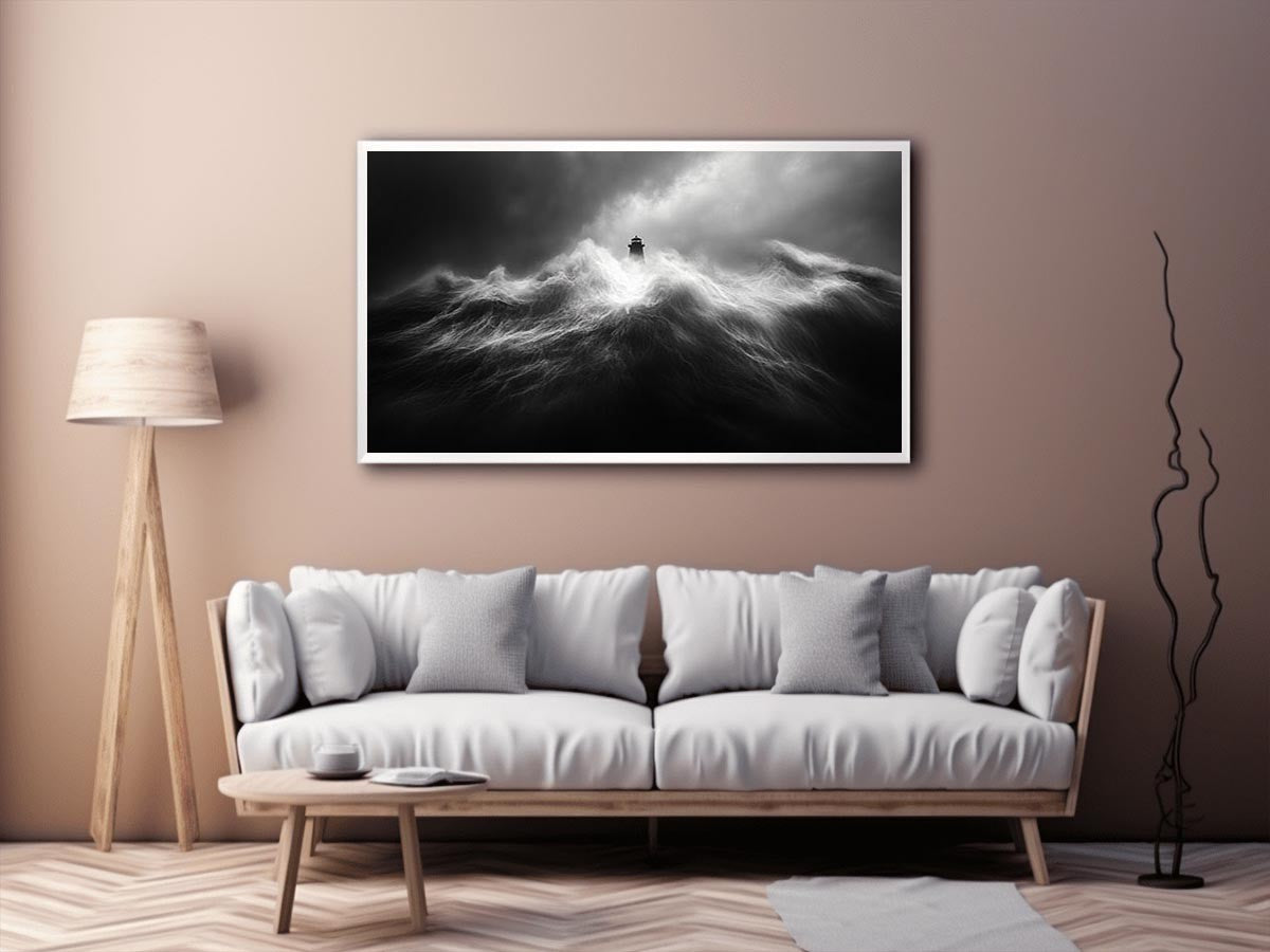 Black and white lighthouse Canvas Print with storm waves