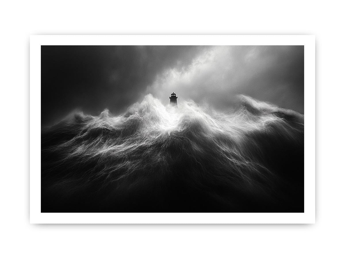 Black and white lighthouse Canvas Print with storm waves