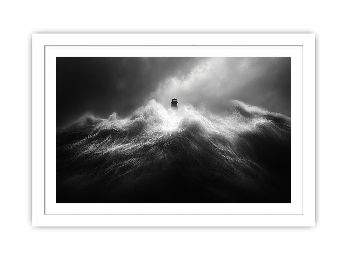 Black and white lighthouse Canvas Print with storm waves