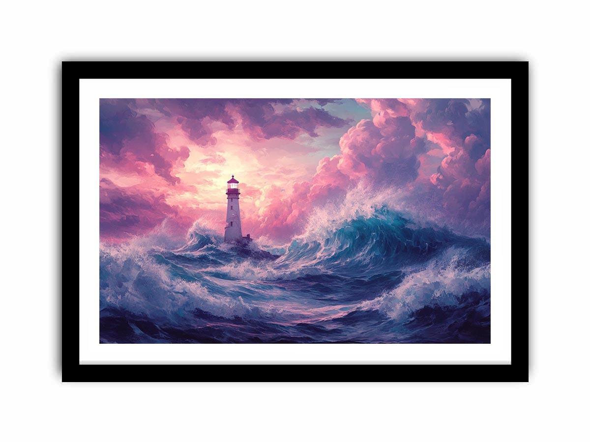 Dreamy lighthouse Canvas Print with purple clouds and waves