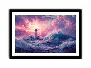 Dreamy lighthouse Canvas Print with purple clouds and waves