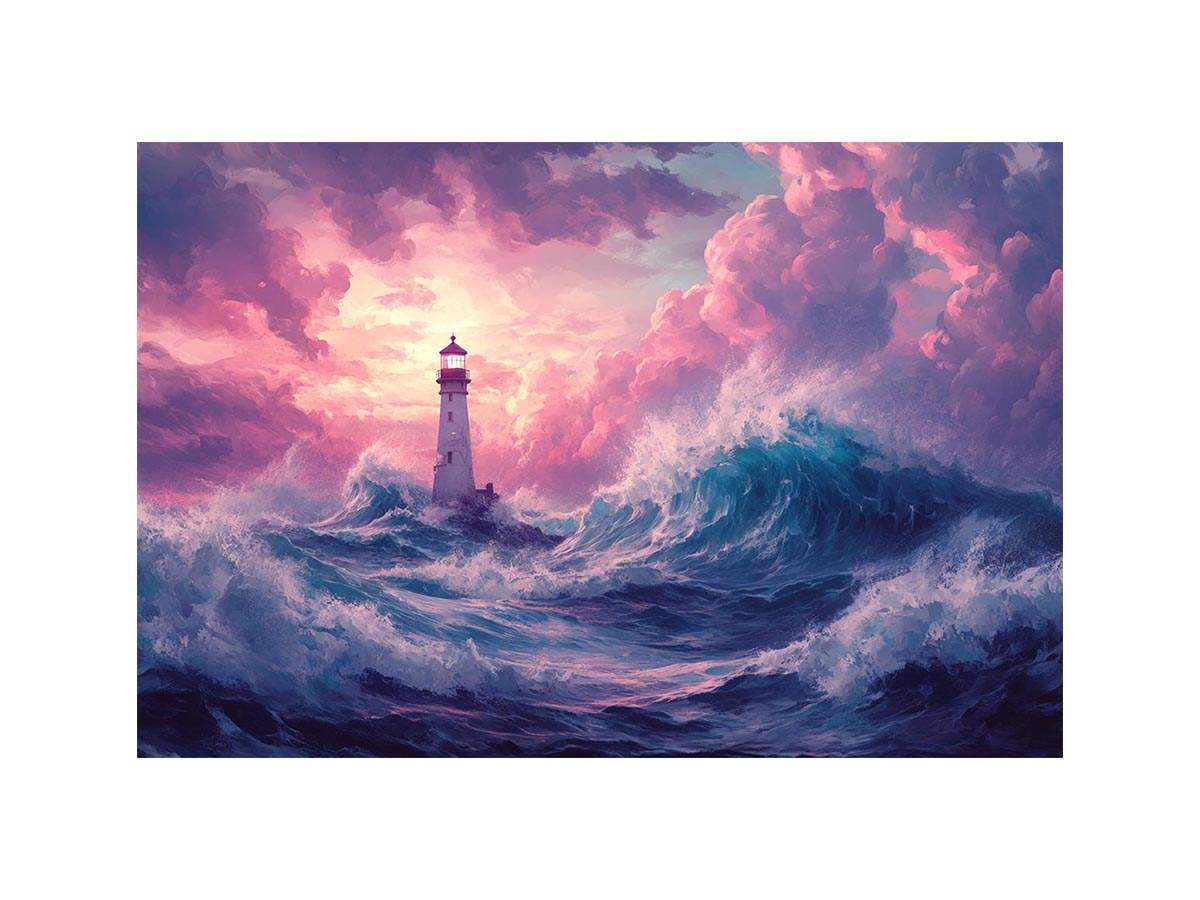 Dreamy lighthouse Canvas Print with purple clouds and waves