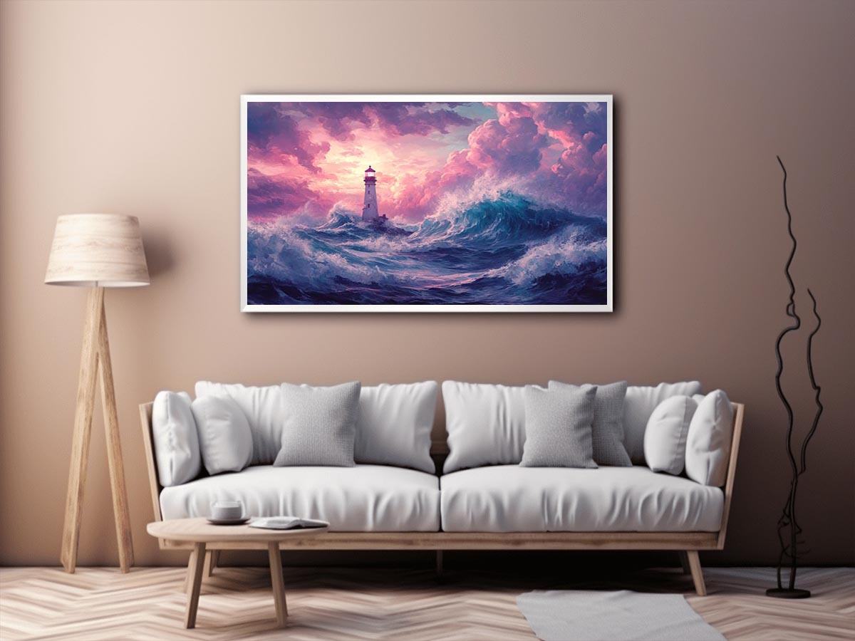 Dreamy lighthouse Canvas Print with purple clouds and waves