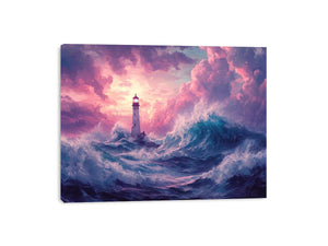 Dreamy lighthouse Canvas Print with purple clouds and waves