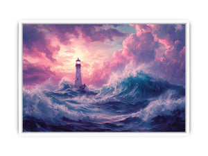Dreamy lighthouse Canvas Print with purple clouds and waves