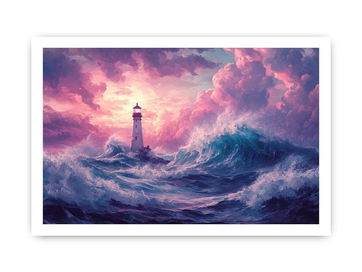 Dreamy lighthouse Canvas Print with purple clouds and waves