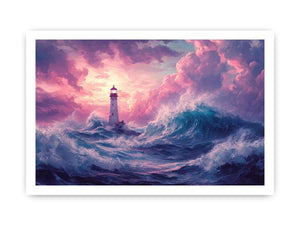 Dreamy lighthouse Canvas Print with purple clouds and waves