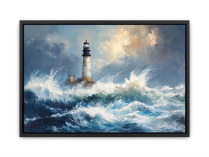 Blue coastal lighthouse Canvas Print with ocean waves