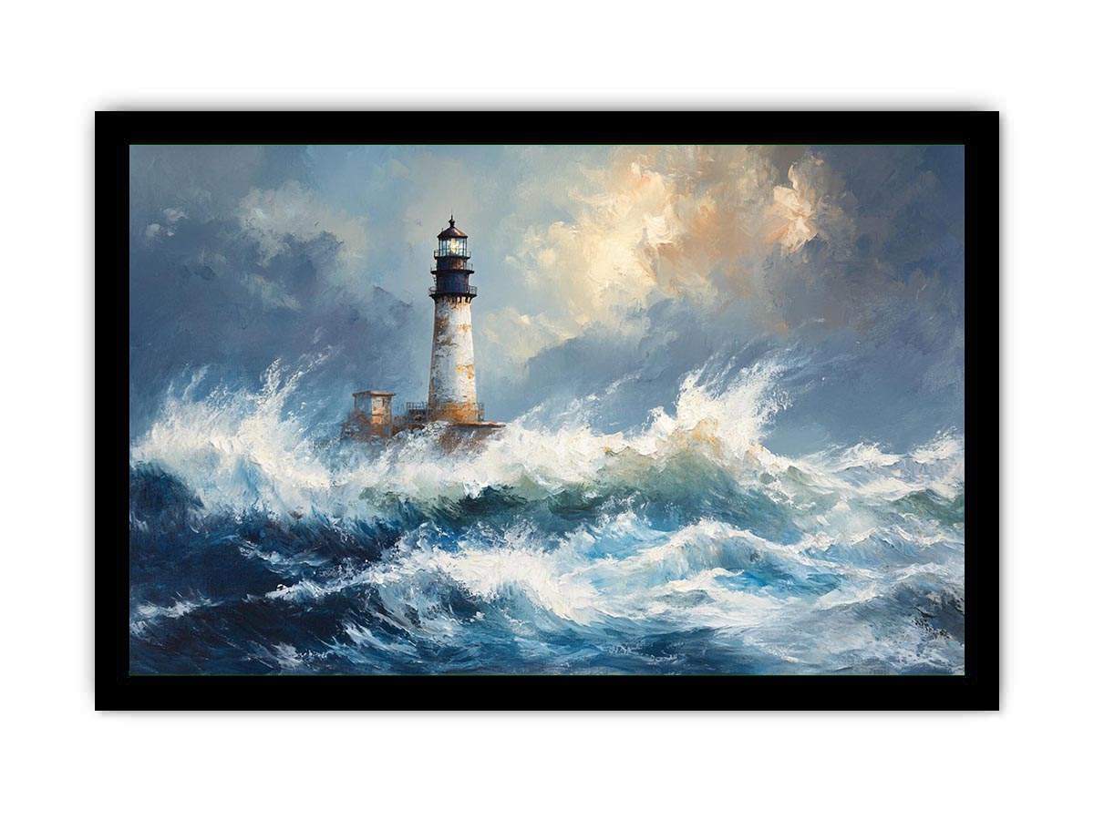 Blue coastal lighthouse Canvas Print with ocean waves