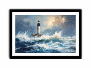Blue coastal lighthouse Canvas Print with ocean waves