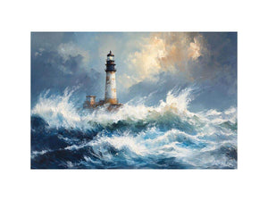 Blue coastal lighthouse Canvas Print with ocean waves