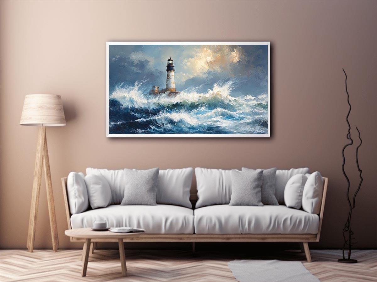 Blue coastal lighthouse Canvas Print with ocean waves