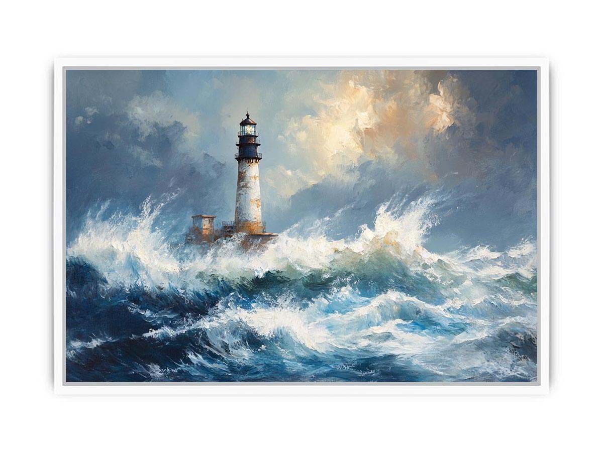 Blue coastal lighthouse Canvas Print with ocean waves
