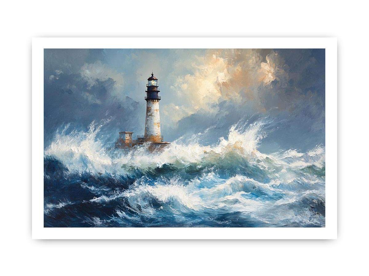 Blue coastal lighthouse Canvas Print with ocean waves