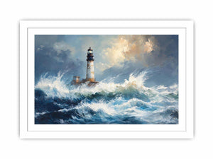 Blue coastal lighthouse Canvas Print with ocean waves
