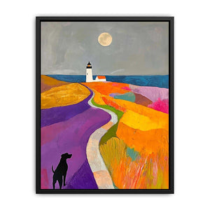 Colorful lighthouse landscape art with dog and moon