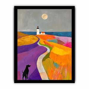 Colorful lighthouse landscape art with dog and moon