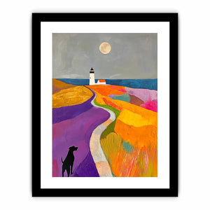Colorful lighthouse landscape art with dog and moon