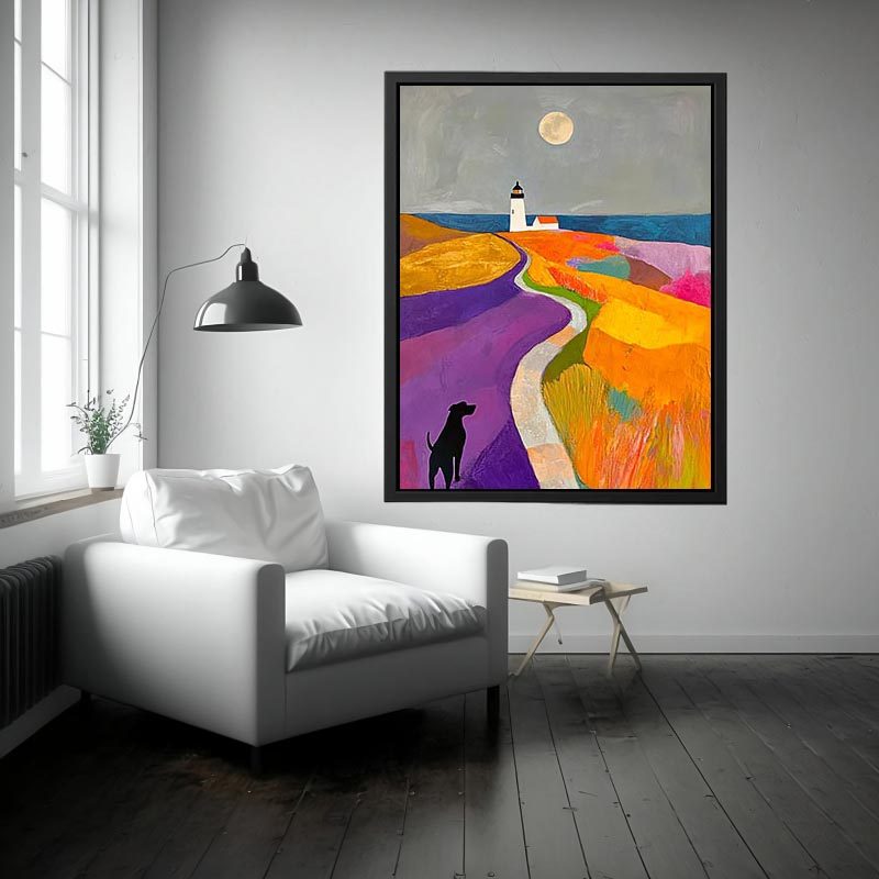 Colorful lighthouse landscape art with dog and moon
