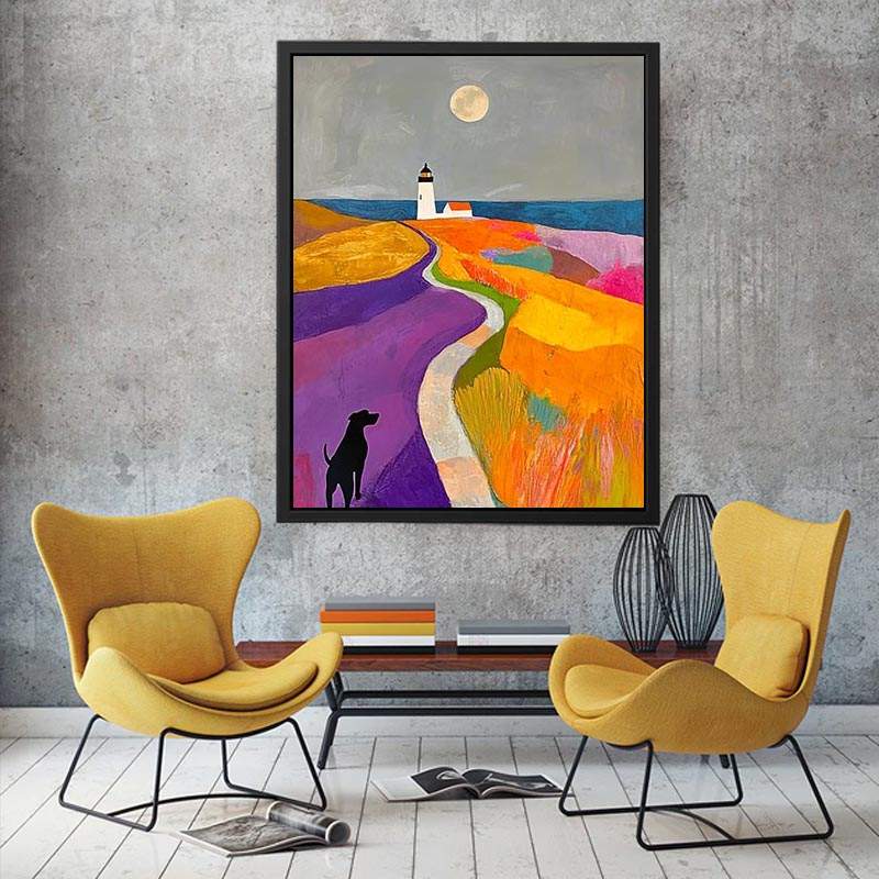 Colorful lighthouse landscape art with dog and moon