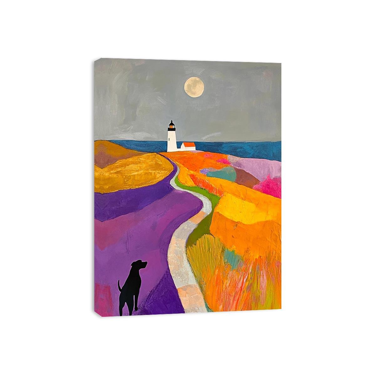 Colorful lighthouse landscape art with dog and moon