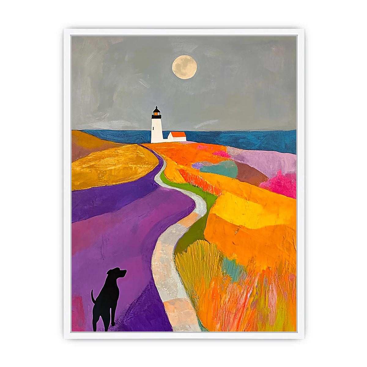 Colorful lighthouse landscape art with dog and moon
