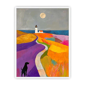 Colorful lighthouse landscape art with dog and moon