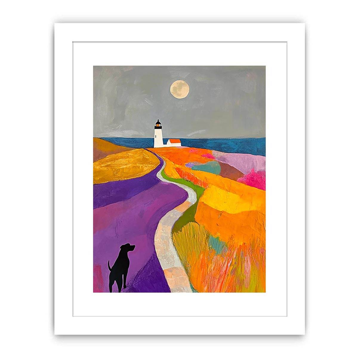 Colorful lighthouse landscape art with dog and moon