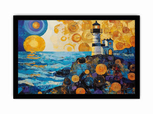 Coastal lighthouse Canvas Print with golden sunset and ocean waves