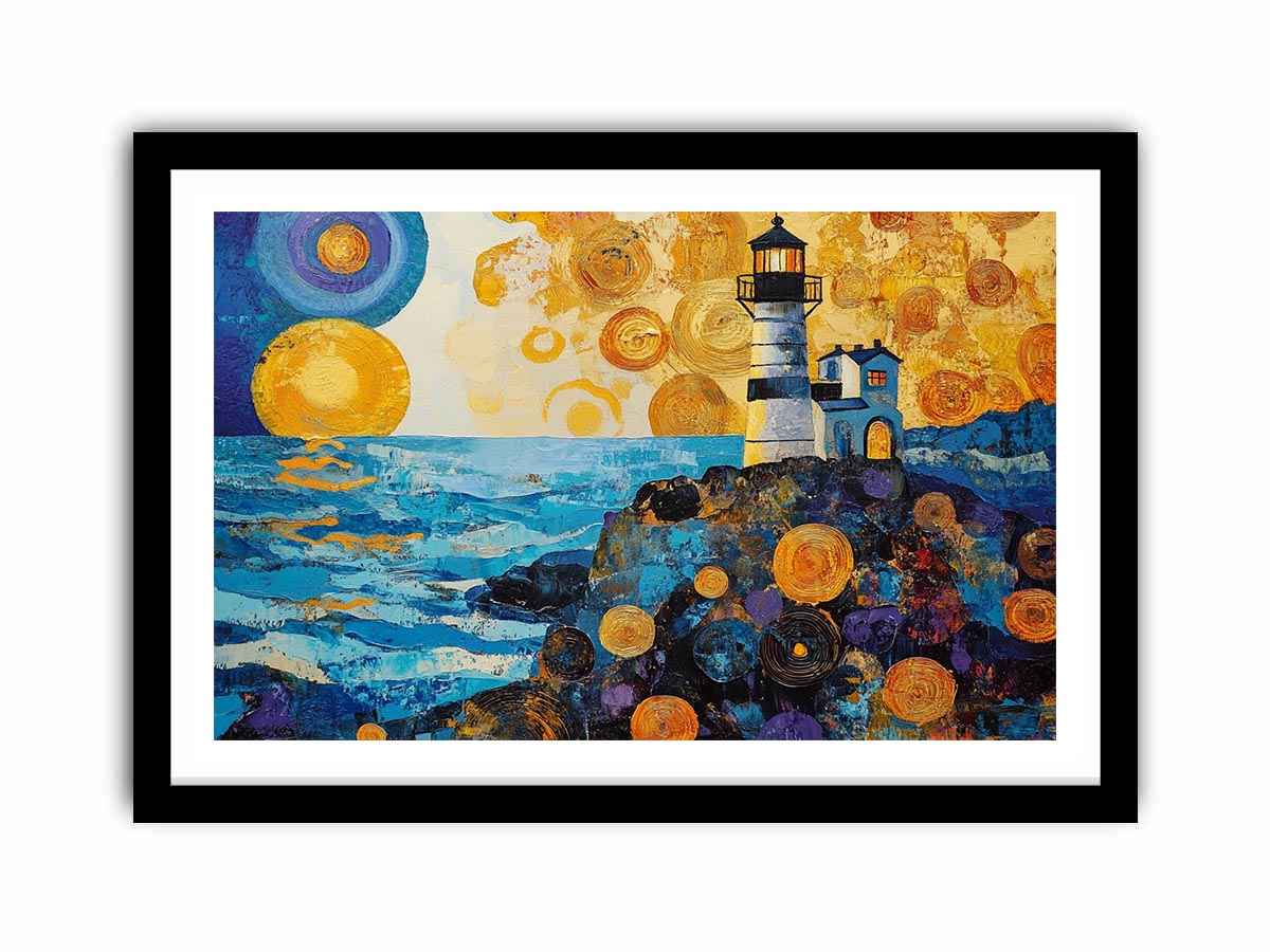 Coastal lighthouse Canvas Print with golden sunset and ocean waves