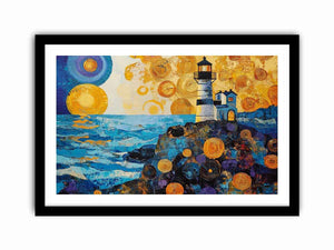 Coastal lighthouse Canvas Print with golden sunset and ocean waves