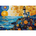 Coastal lighthouse Canvas Print with golden sunset and ocean waves