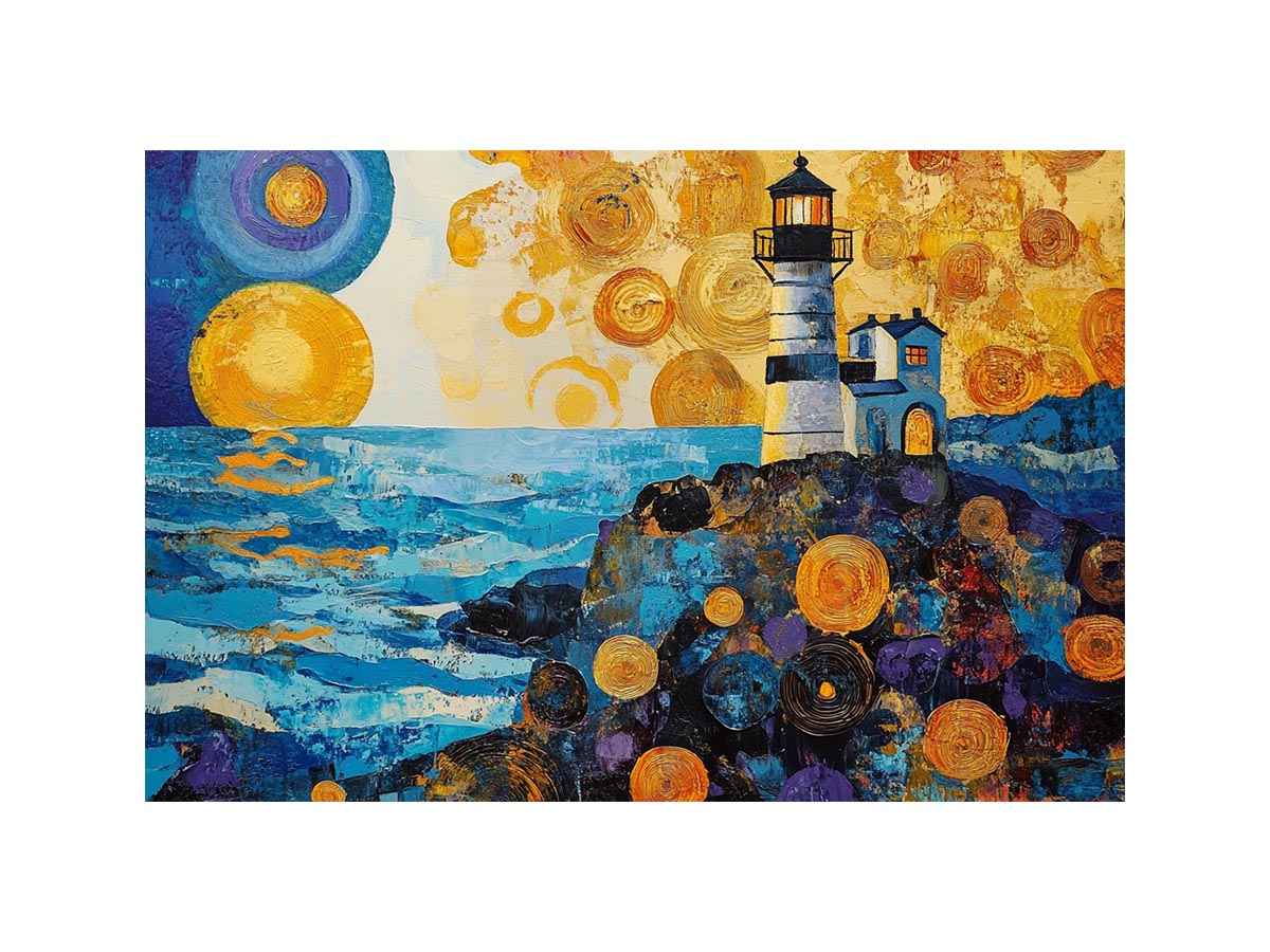 Coastal lighthouse Canvas Print with golden sunset and ocean waves
