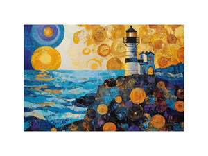 Coastal lighthouse Canvas Print with golden sunset and ocean waves