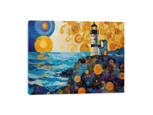 Coastal lighthouse Canvas Print with golden sunset and ocean waves