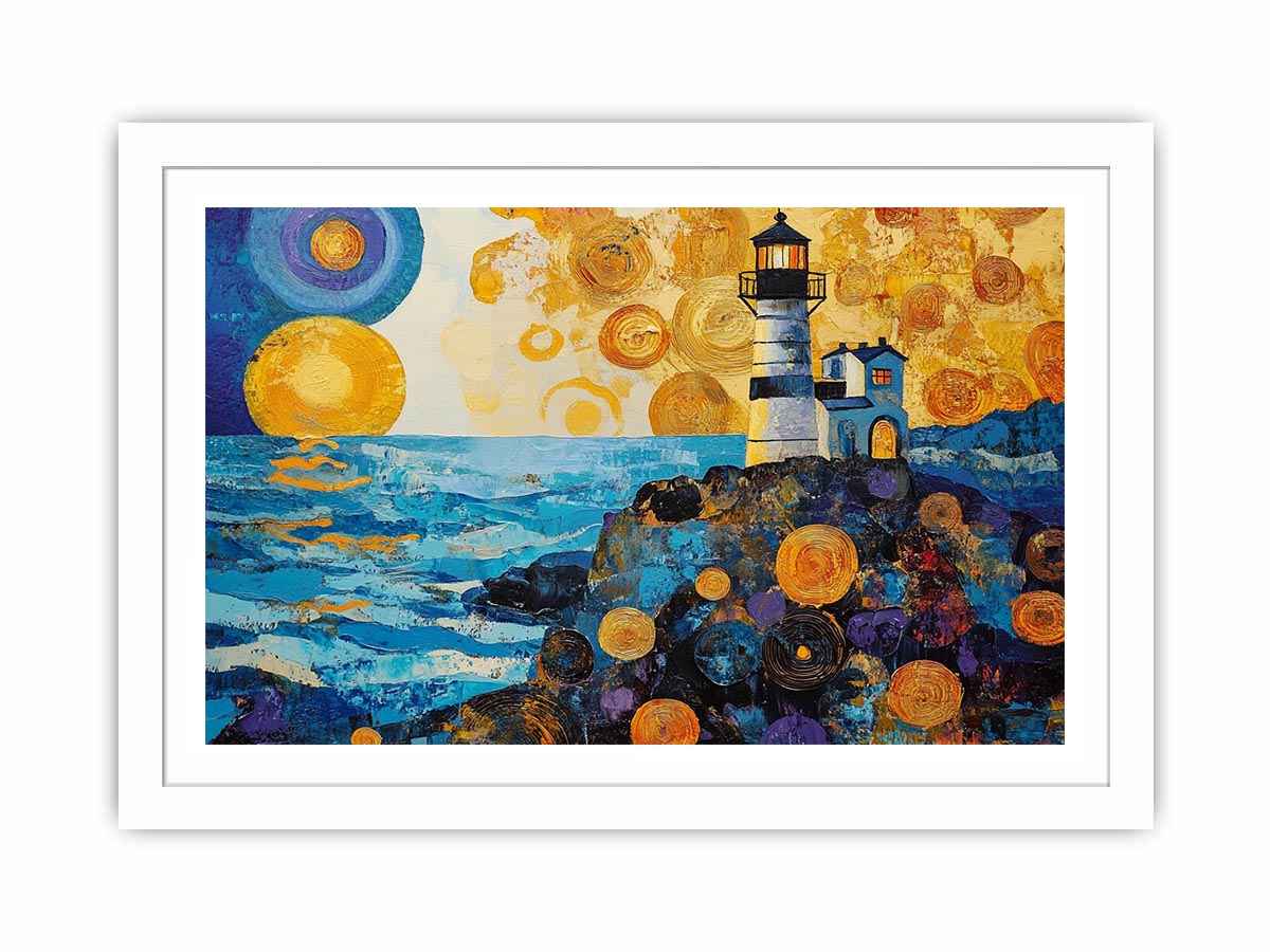 Coastal lighthouse Canvas Print with golden sunset and ocean waves