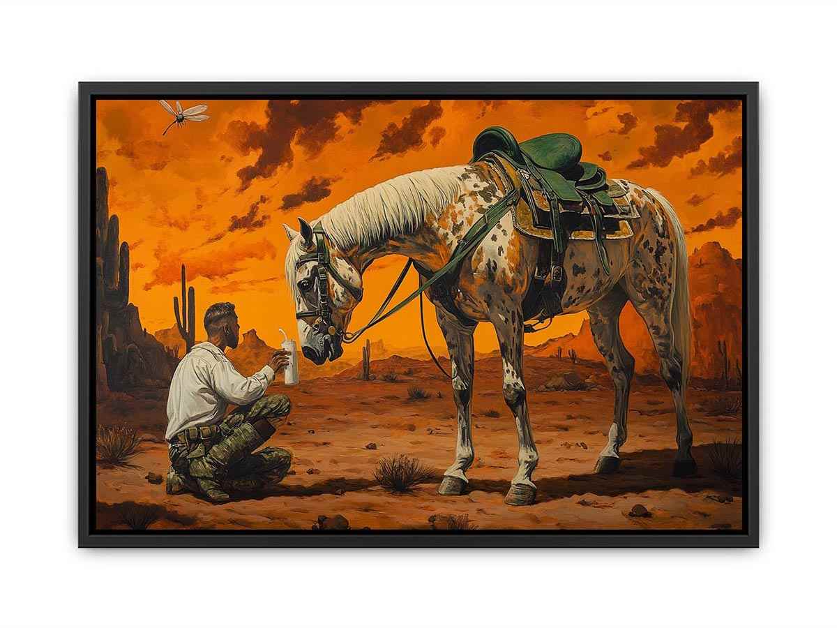 Western horse and cowboy Canvas Print with desert sunset