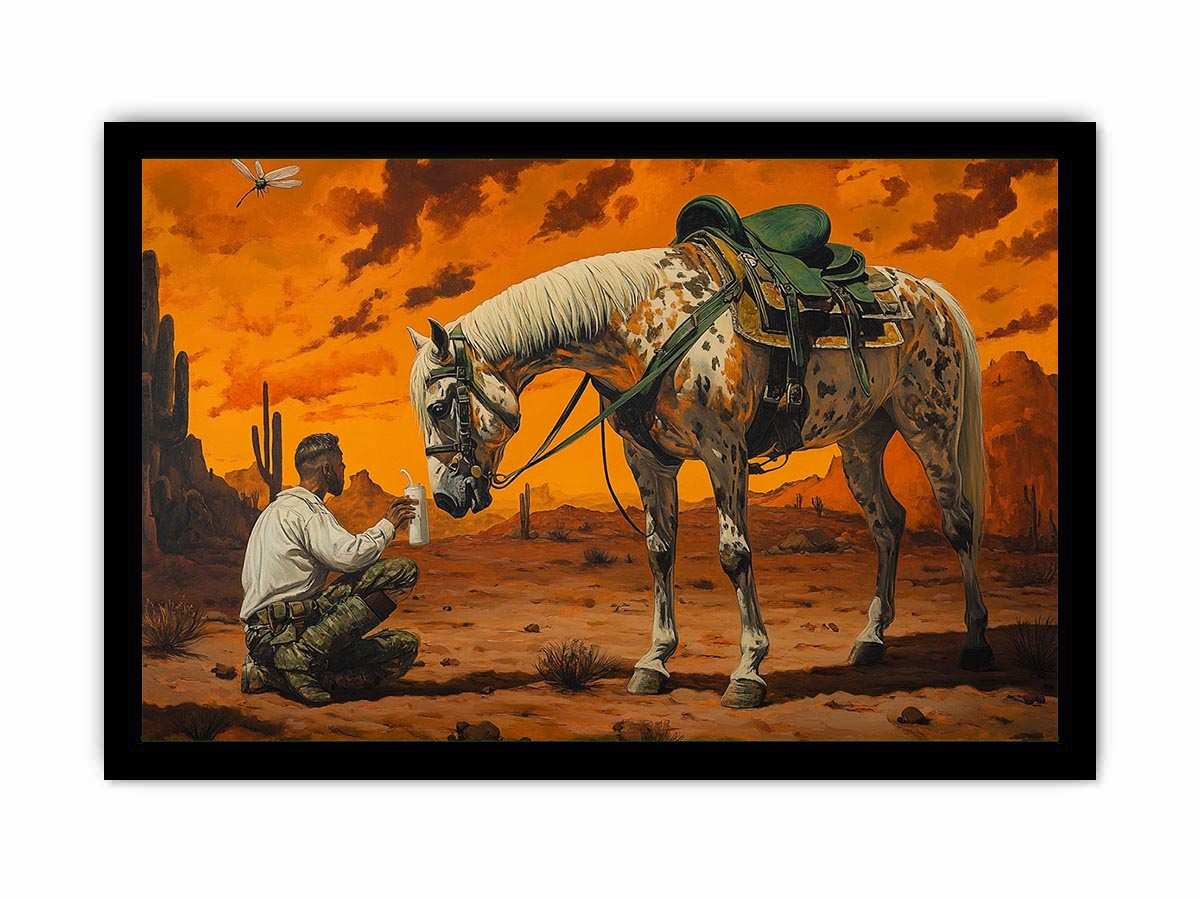 Western horse and cowboy Canvas Print with desert sunset