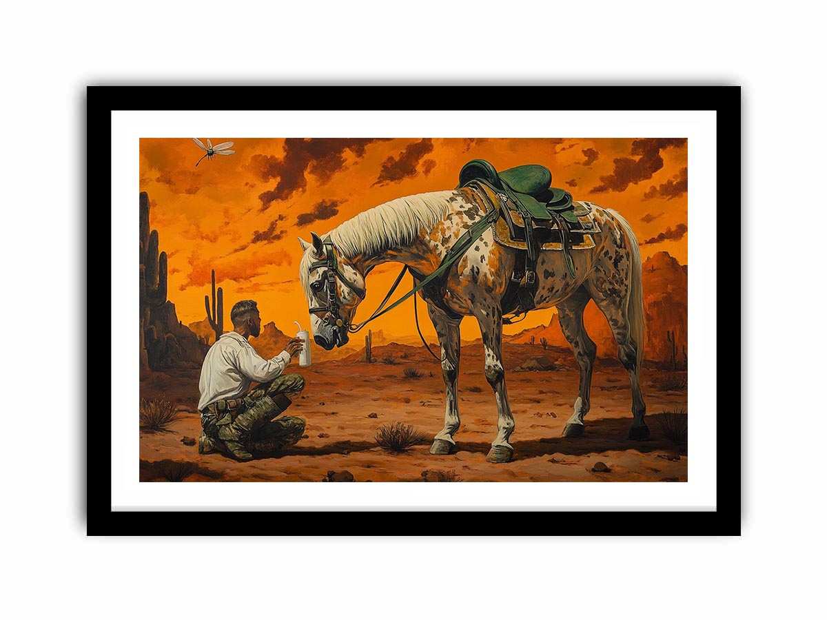 Western horse and cowboy Canvas Print with desert sunset
