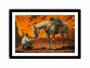 Western horse and cowboy Canvas Print with desert sunset