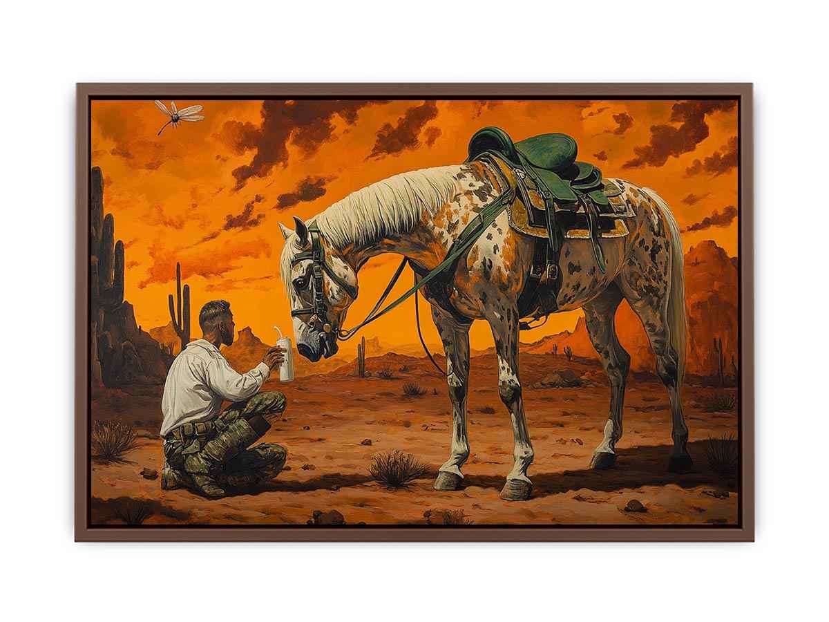 Western horse and cowboy Canvas Print with desert sunset