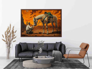 Western horse and cowboy Canvas Print with desert sunset