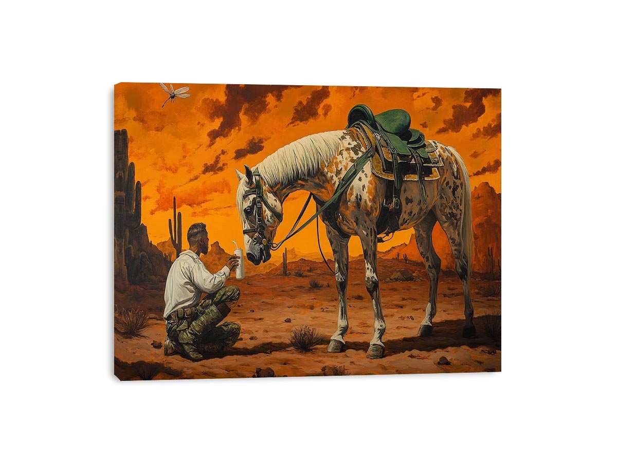 Western horse and cowboy Canvas Print with desert sunset